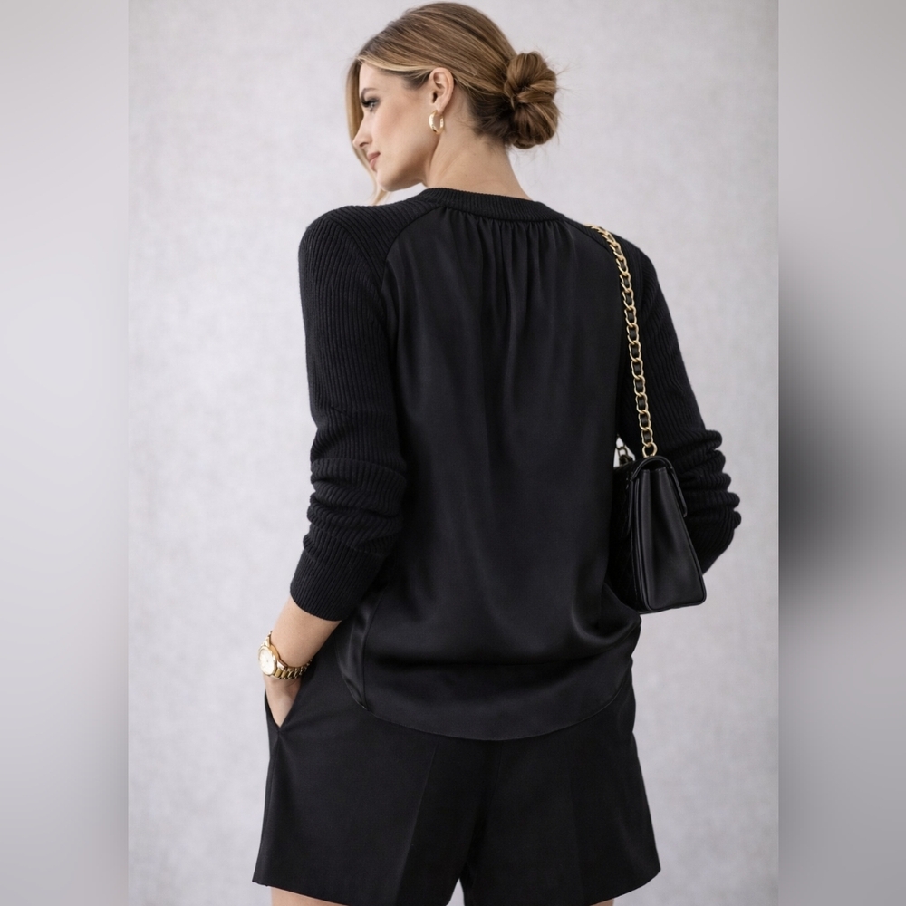 Jonathan Simkhai Black Ribbed Mixed Media Wool Blend Sweater Elanore Luxury